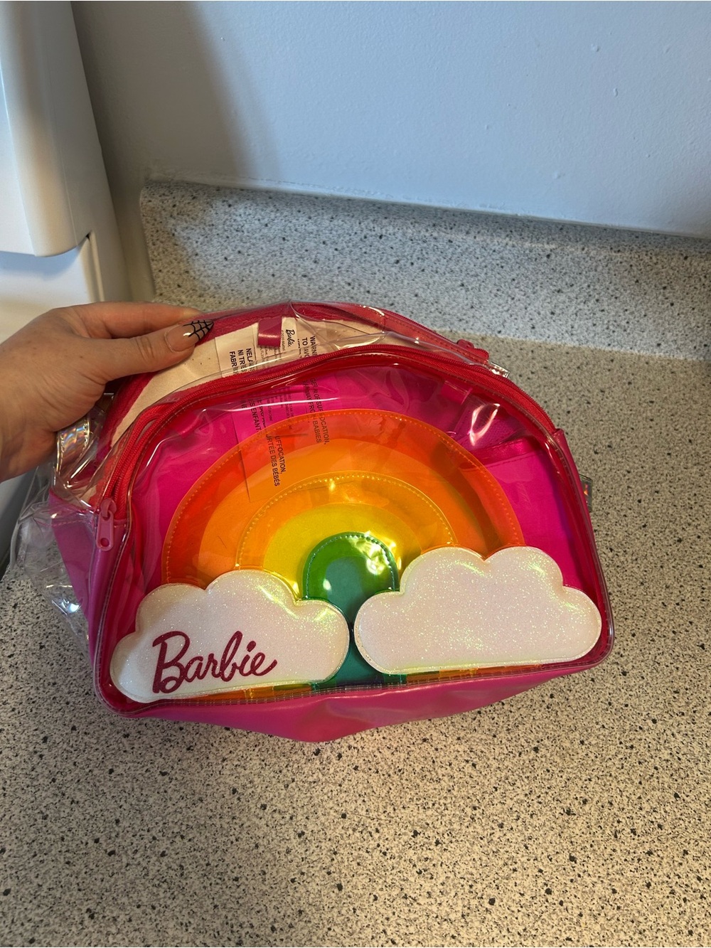 Barbie Hot Pink Rainbow Cosmetic Pouch with Glitter Clouds